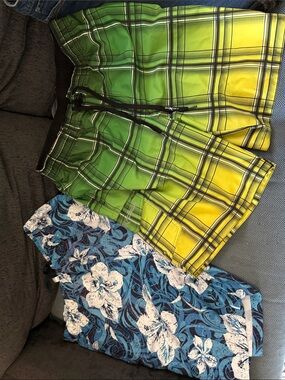 Green and Yellow Plaid Swim Trunks